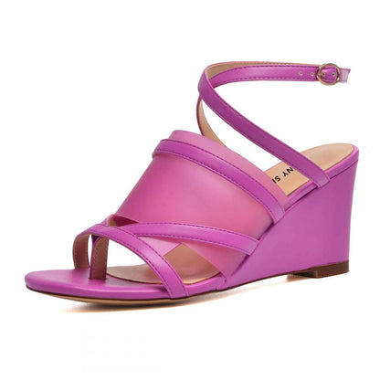 Fuchsia Open-Toe Crossover Strap Buckle Wedge Sandals for Women