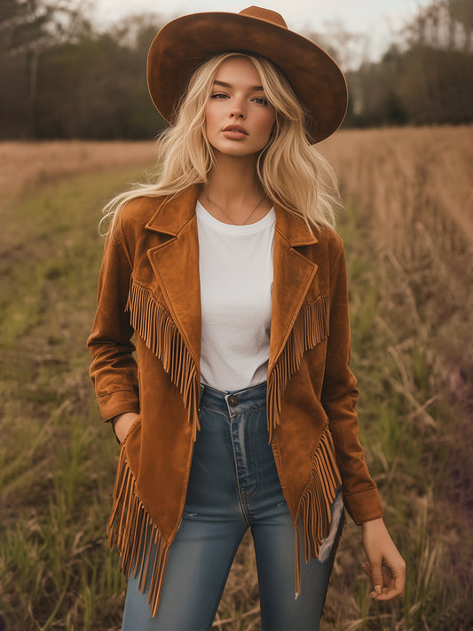 Fashionable Retro Western Caramel Faux Suede Tassel Lapel Blazer