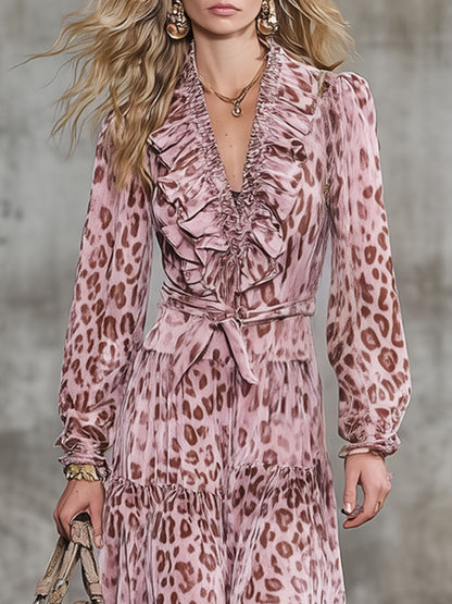Fashion Retro Pink Velvet Leopard Print Ruffled Smocked Midi Dress