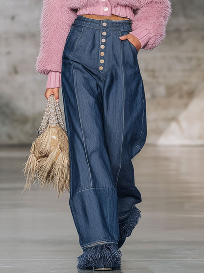 Fashion Retro Tassel Wide-Leg Dark Blue Jeans