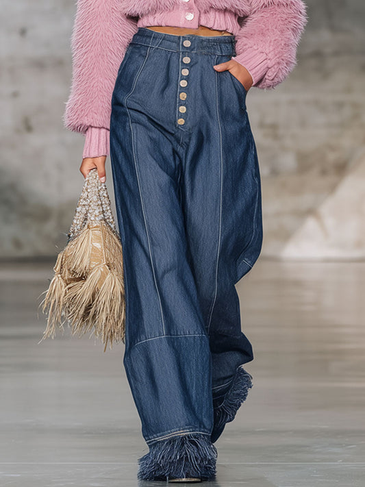 Fashion Retro Tassel Wide-Leg Dark Blue Jeans
