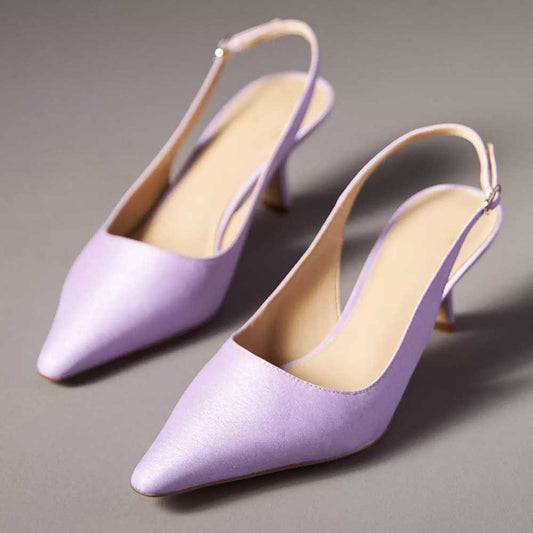 Elegant Lavender Satin Pointed Toe Buckled Slingback Pumps Heels