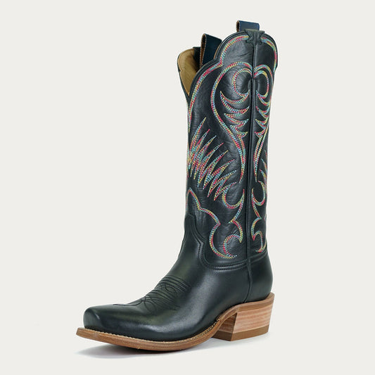 Faux Leather Embroidered Square Toe Black Western Boots for Women