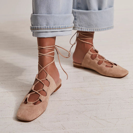 Beige Faux Suede Square Toe Flat Lace Up Strappy Sandals