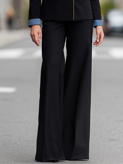 Denim Contrast Double-Breasted Blazer And Wide-Leg Trouser Set
