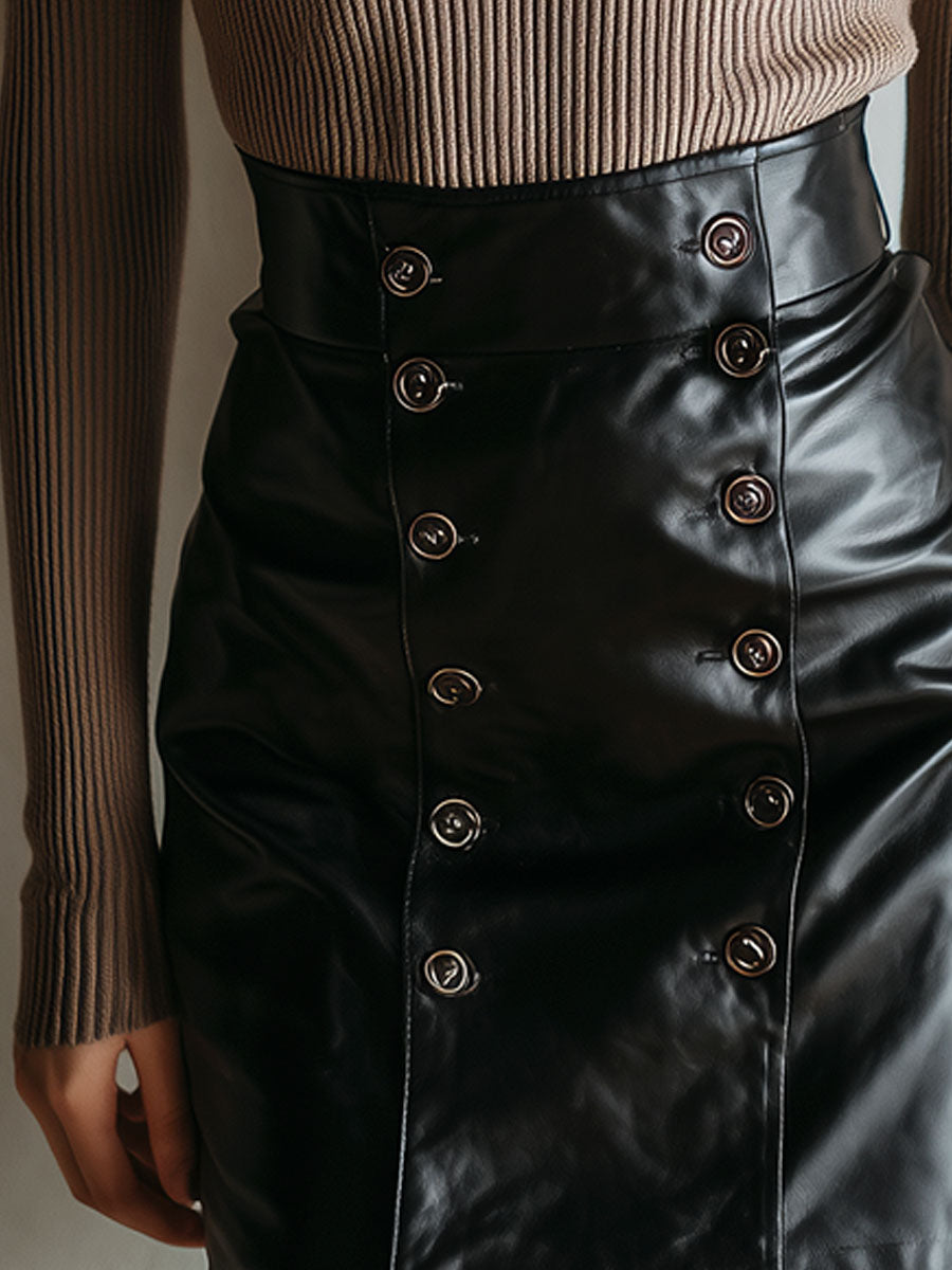 Double-Breasted Button High-Waisted Black Eco Leather Mini Skirt