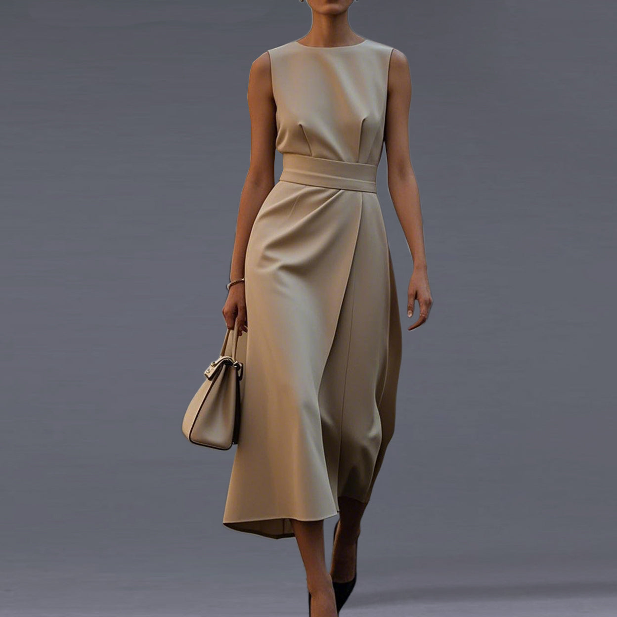 Formal Solid Round Neck Sleeveless Belt Midi Dress