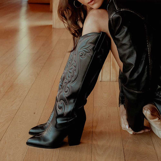 Fashion Pointed Toe Embroidered Knee-High Cowgirl Boots in Black
