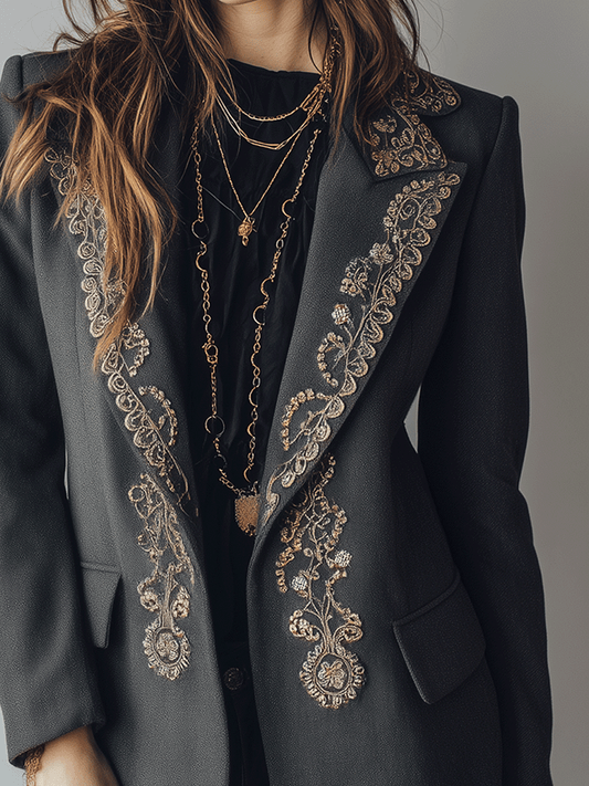 Elegant Chic Black Gold Embroidered Lapel Blazer