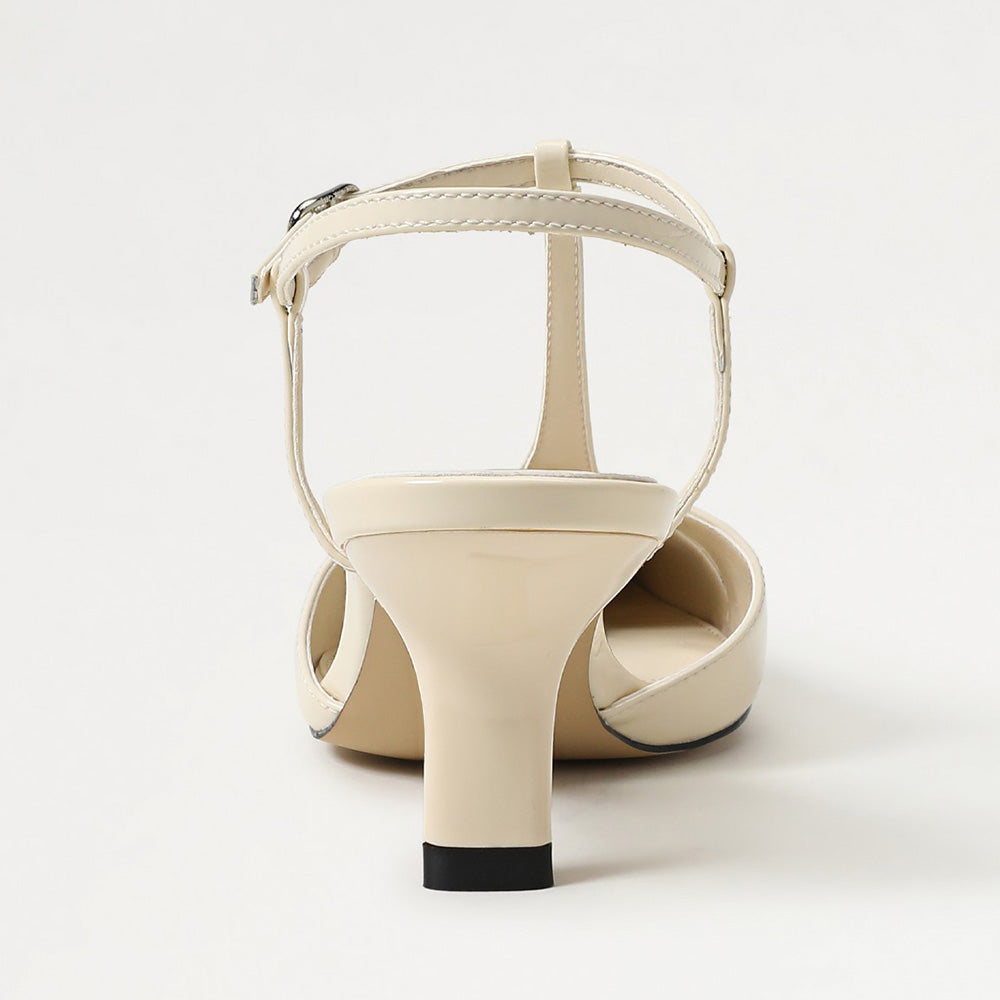 Elegant Ivory Pointed Toe T-Strap Chunky Heel Pumps for Women