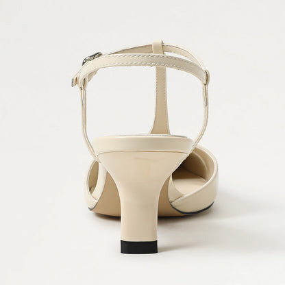 Elegant Ivory Pointed Toe T-Strap Chunky Heel Pumps for Women