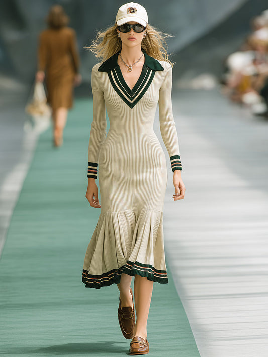 Elegant Retro Green Striped Beige Knitted Fishtail Skirt Midi Dress