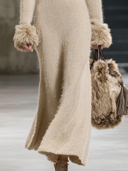 Elegant Premium Cuff Faux Fur Light Khaki Knit Maxi Dress