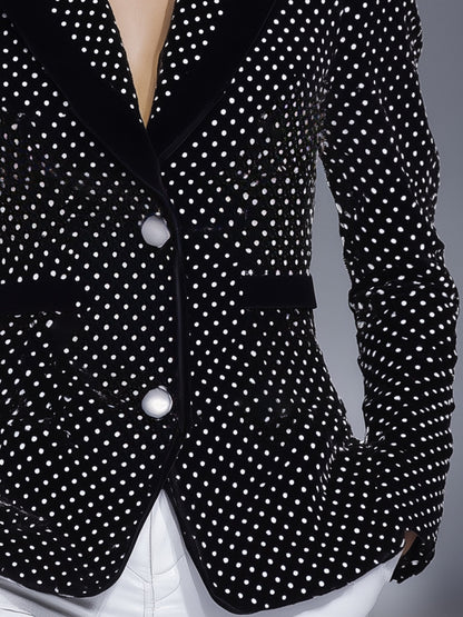 White Polka Dot Black Velvet Button Blazer