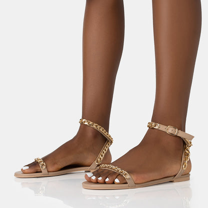 Beige Open Toe Flat Strappy Sandals with Chain