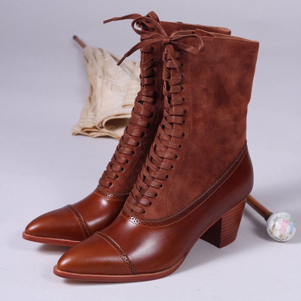 Faux Leather & Vegan Suede Brown Block Heel Pointed Toe Lace-Up Boots