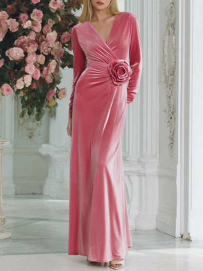 Elegant And Fashionable Evening Dress 3D Flower Pink Velvet Maxi Dress