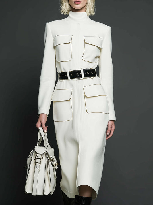 Elegant And Capable White High-neck Multi-pocket Midi Dress