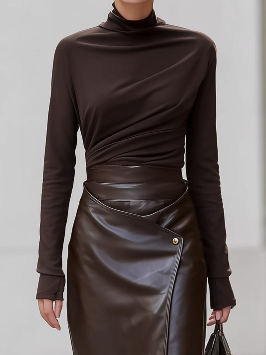 Dark Chocolate Faux Leather Wrap Skirt With High-Neck Top