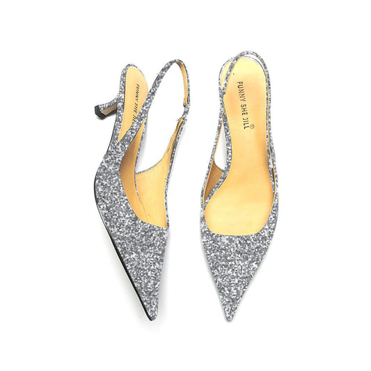 Glitter Pointed Toe Sparkling Silver Slingback Kitten Heel Pump For Women