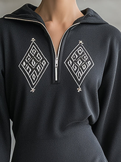 Fashionable Sports Lapel Half-zip Embroidered Gray Sweatshirt Long-sleeved Midi Dress