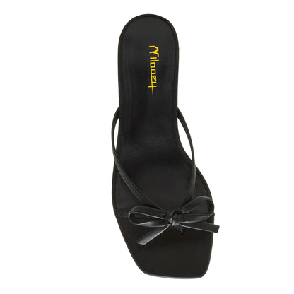Elegant Black Square Toe Kitten Heel Summer Sandals with Bow