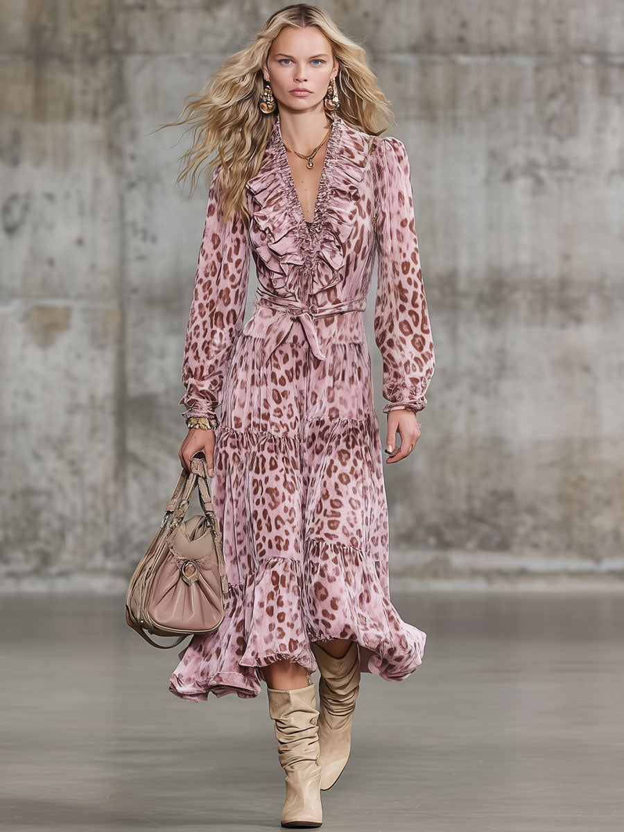 Fashion Retro Pink Velvet Leopard Print Ruffled Smocked Midi Dress