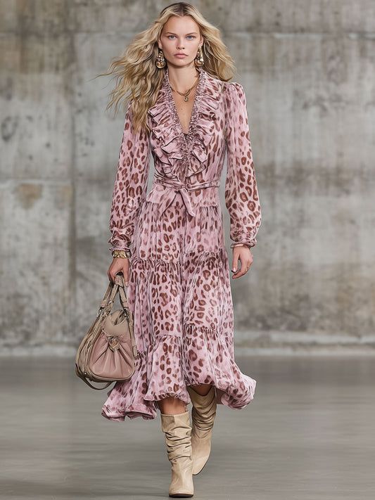 Fashion Retro Pink Velvet Leopard Print Ruffled Smocked Midi Dress