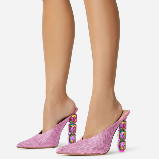Elegant Pink Pointed Toe Decorative Heel Rhinestone Mules Sandals