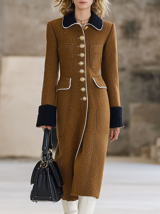 Fashionable Loose Retro Black Polar Fleece Splicing Camel Wool Long Coat