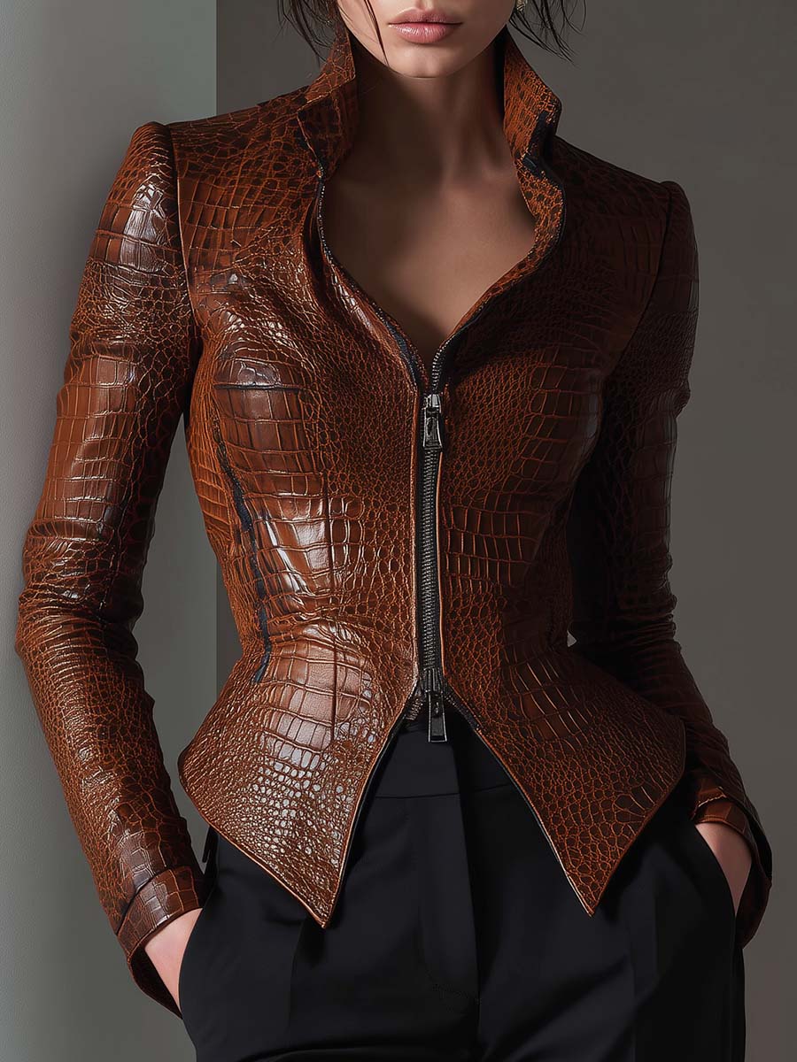Eco Leather Croc-Embossed Fitted Jacket – Chestnut Brown
