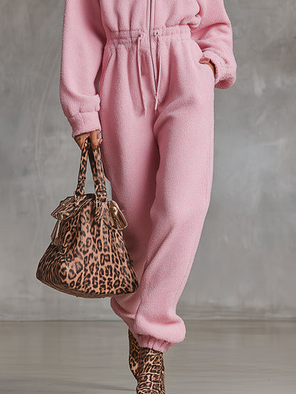 Fashion Retro Pink Polar Fleece Elastic Waist Hooded Jumpsuit