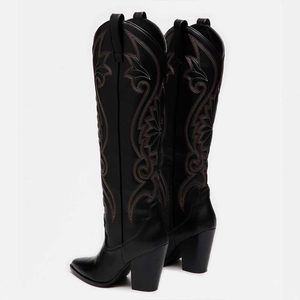 Fashion Pointed Toe Embroidered Knee-High Cowgirl Boots in Black