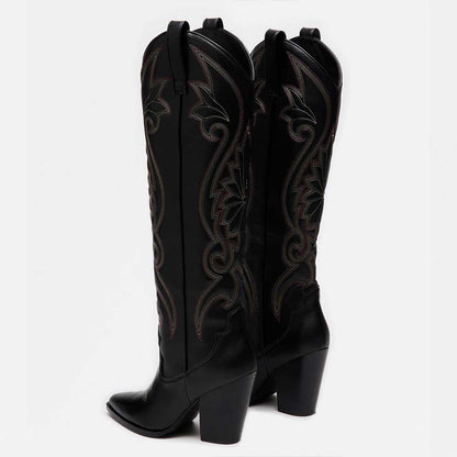 Fashion Pointed Toe Embroidered Knee-High Cowgirl Boots in Black