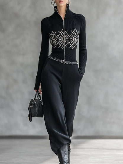 Fashionable Sports Black Half-zip Knit Top And Cotton Wide-leg Pants Set