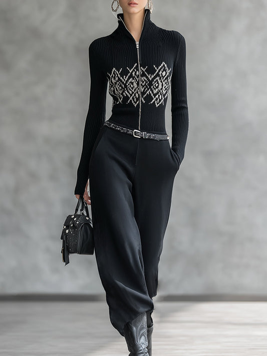 Fashionable Sports Black Half-zip Knit Top And Cotton Wide-leg Pants Set