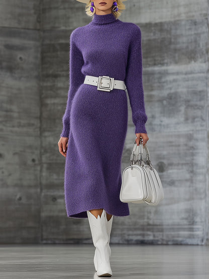 Fashionable Long-Sleeved Knitted Purple Midi Dress