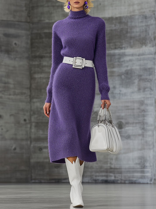 Fashionable Long-Sleeved Knitted Purple Midi Dress