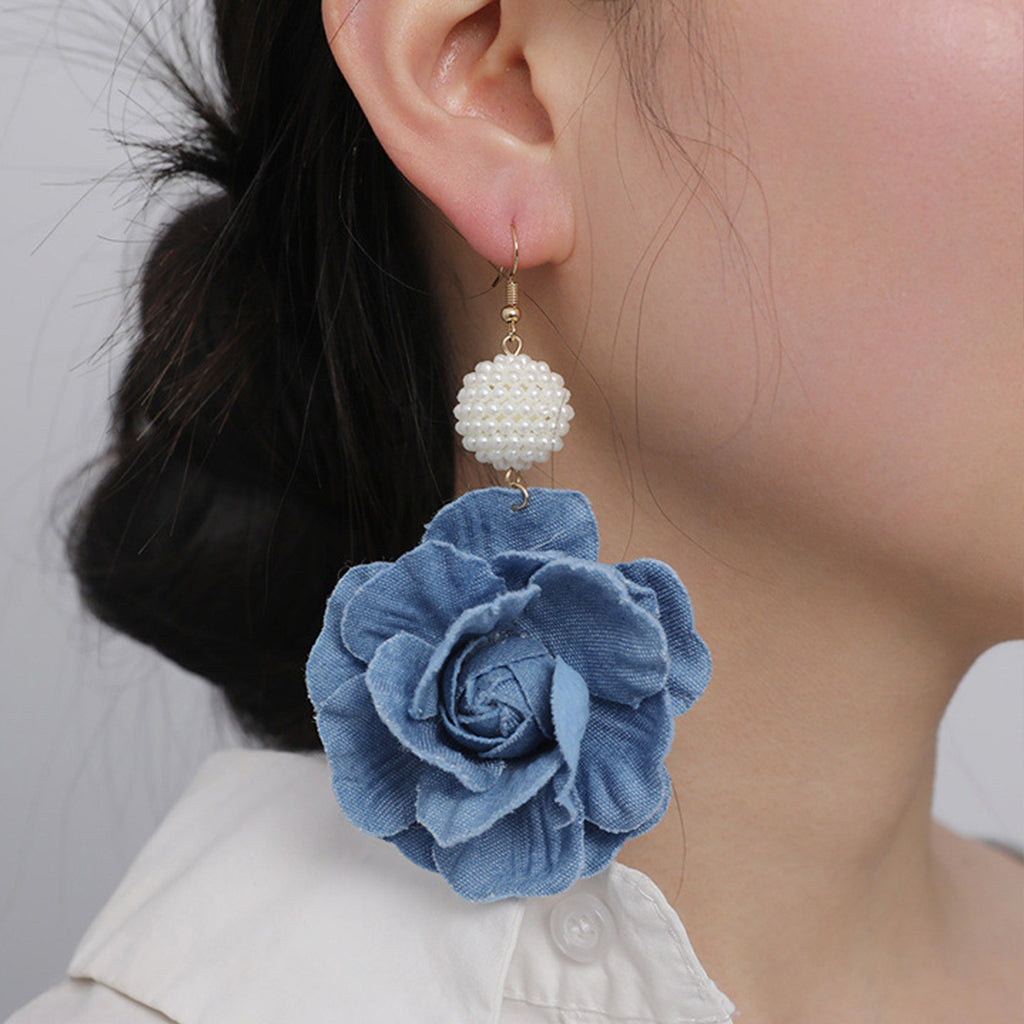 Elegant Camellia Shaped Cloth Beaded Dangle Earrings