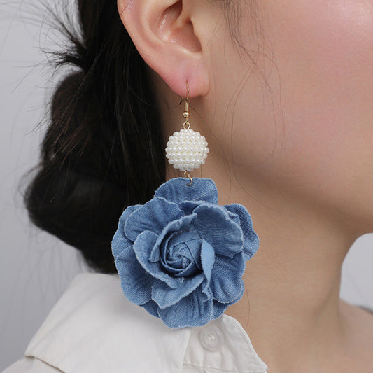 Elegant Camellia Shaped Cloth Beaded Dangle Earrings