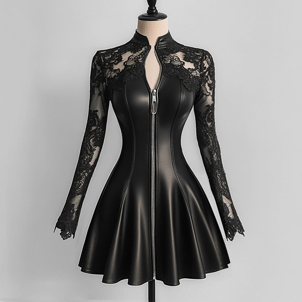 Ursime PU Leather Lace Long Sleeve Zipper Mini Dress