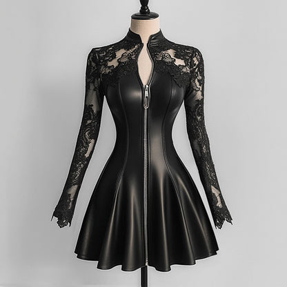 Ursime PU Leather Lace Long Sleeve Zipper Mini Dress