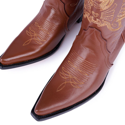 Embroidered Bird Mid-Calf Snip Toe Brown Cowgirl Boots for Women