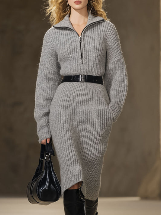 Fashion Loose Retro Gray Knit Zipper Midi Dress
