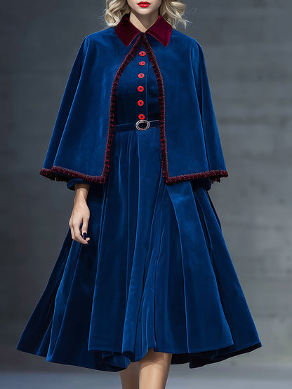 Elegant And Exquisite Color-block Collar Cape Long-sleeved Dress Blue Velvet Set