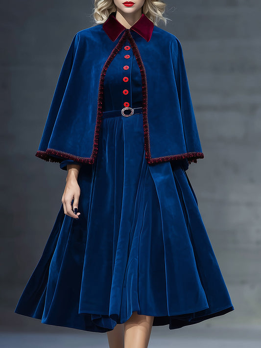 Elegant And Exquisite Color-block Collar Cape Long-sleeved Dress Blue Velvet Set