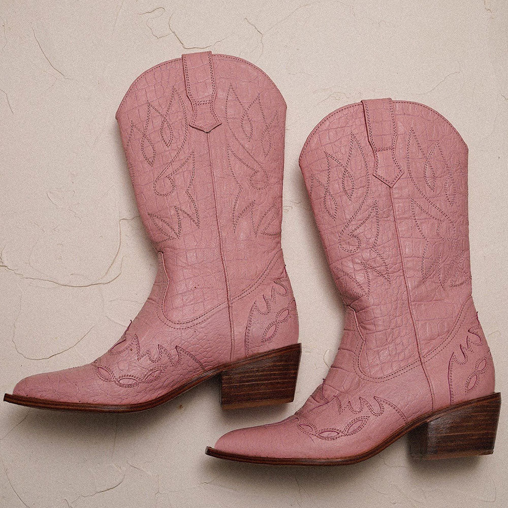 Faux Leather Embroidered Pointed Toe Pink Mid-Calf Cowgirl Boots