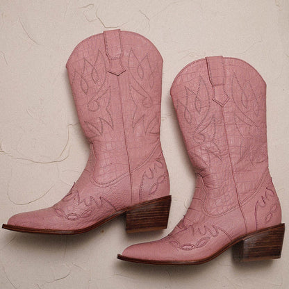 Faux Leather Embroidered Pointed Toe Pink Mid-Calf Cowgirl Boots