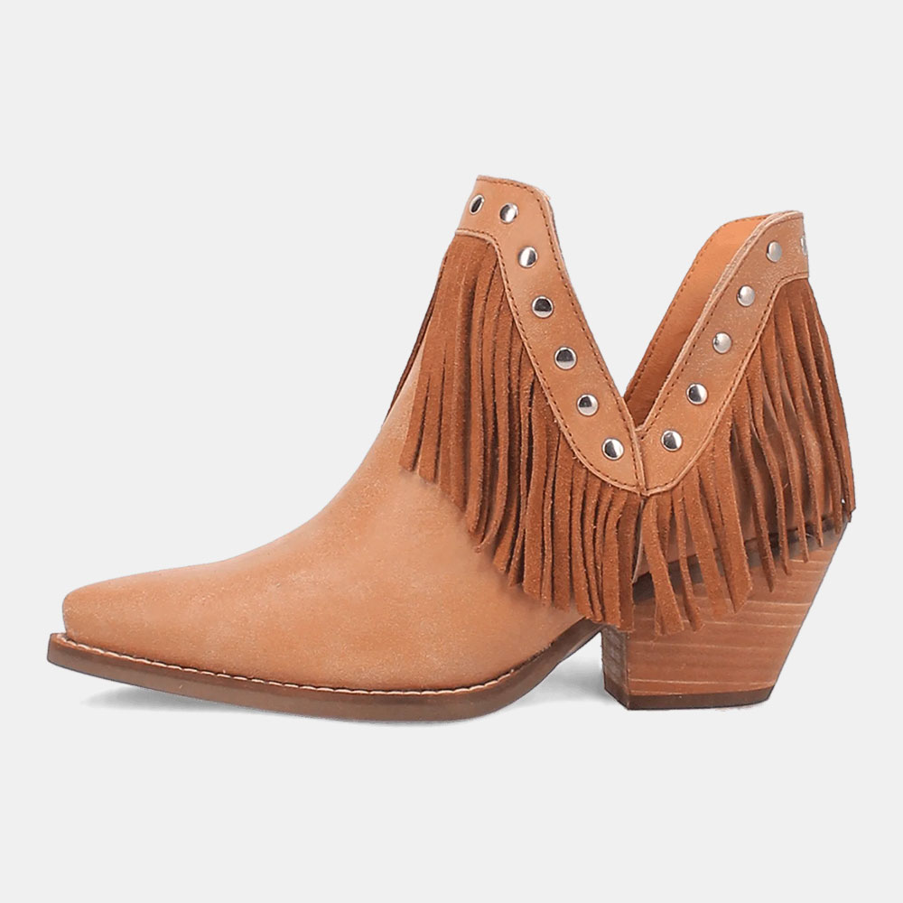 Fashion Brown Snip Toe Studded V-Cut Chunky Heel Fringe Booties