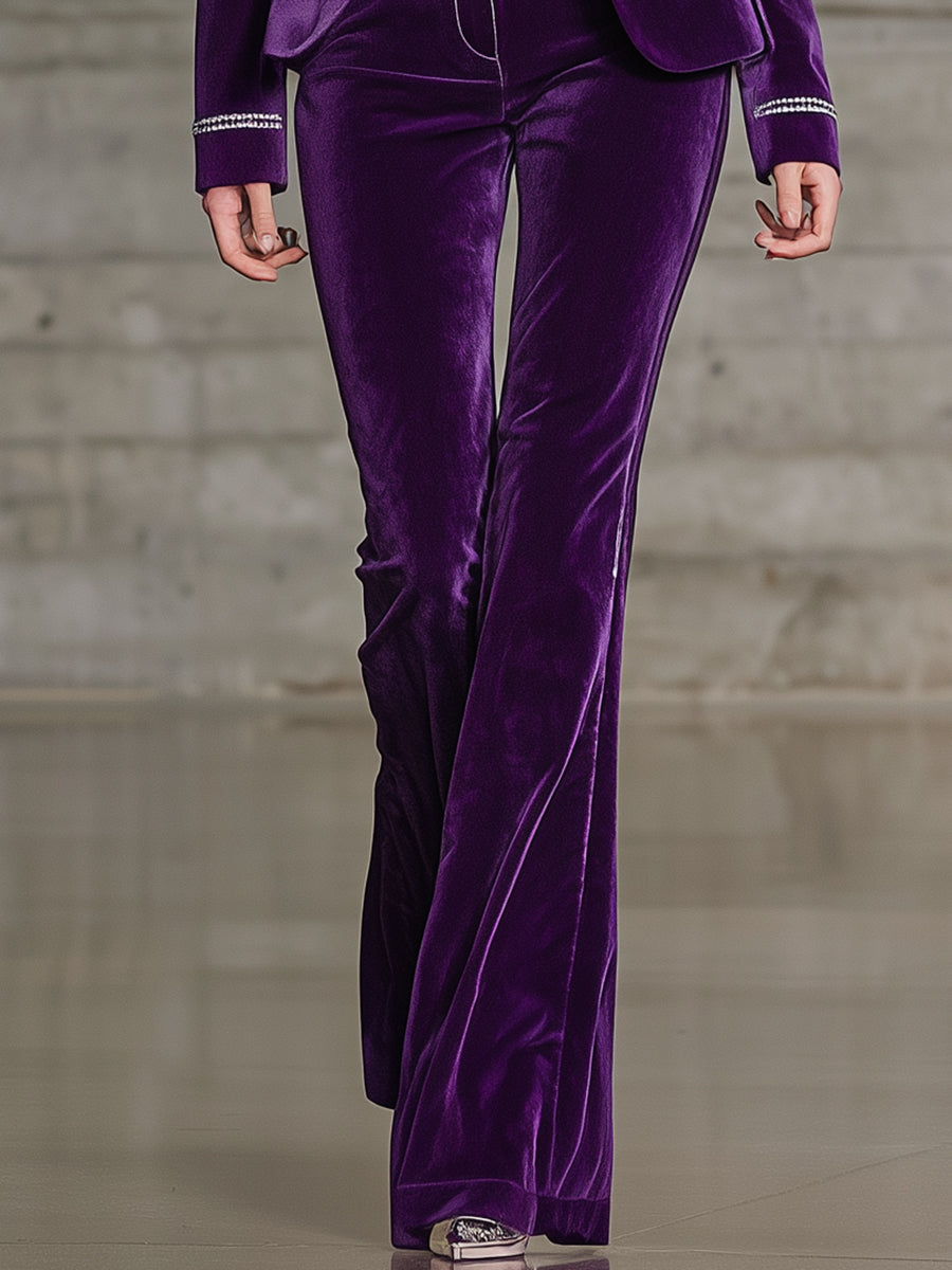 Elegant Purple Velvet Suit And Flared Pants Set